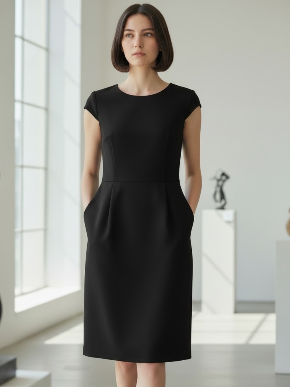 LOFT Black Cap-Sleeve Midi Sheath Dress